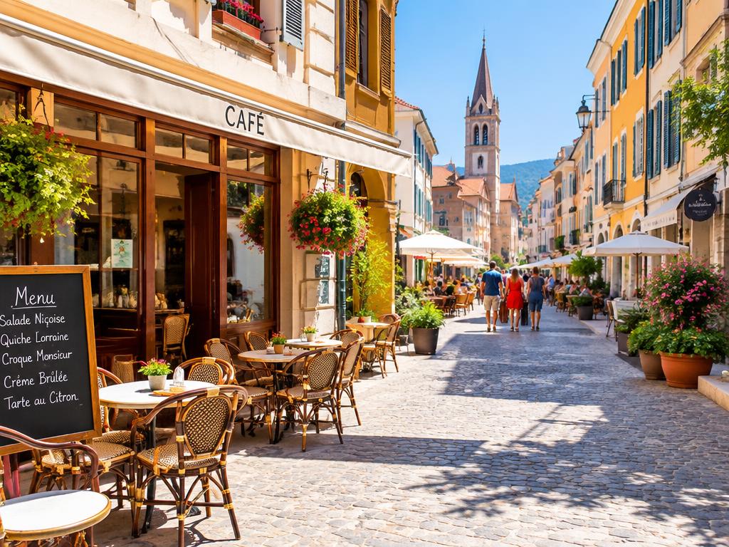 Sunny European city street with outdoor cafés