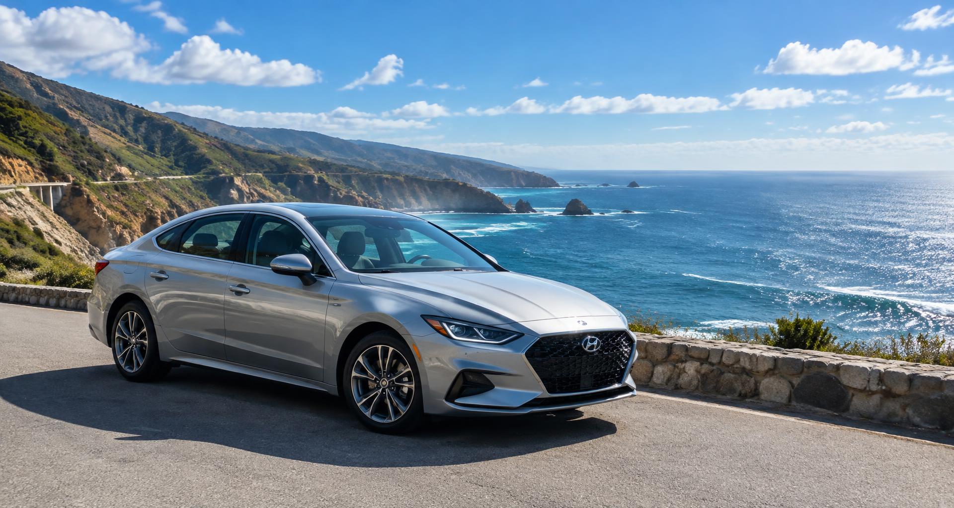 A new sedan on a scenic coastal highway in bright daylight